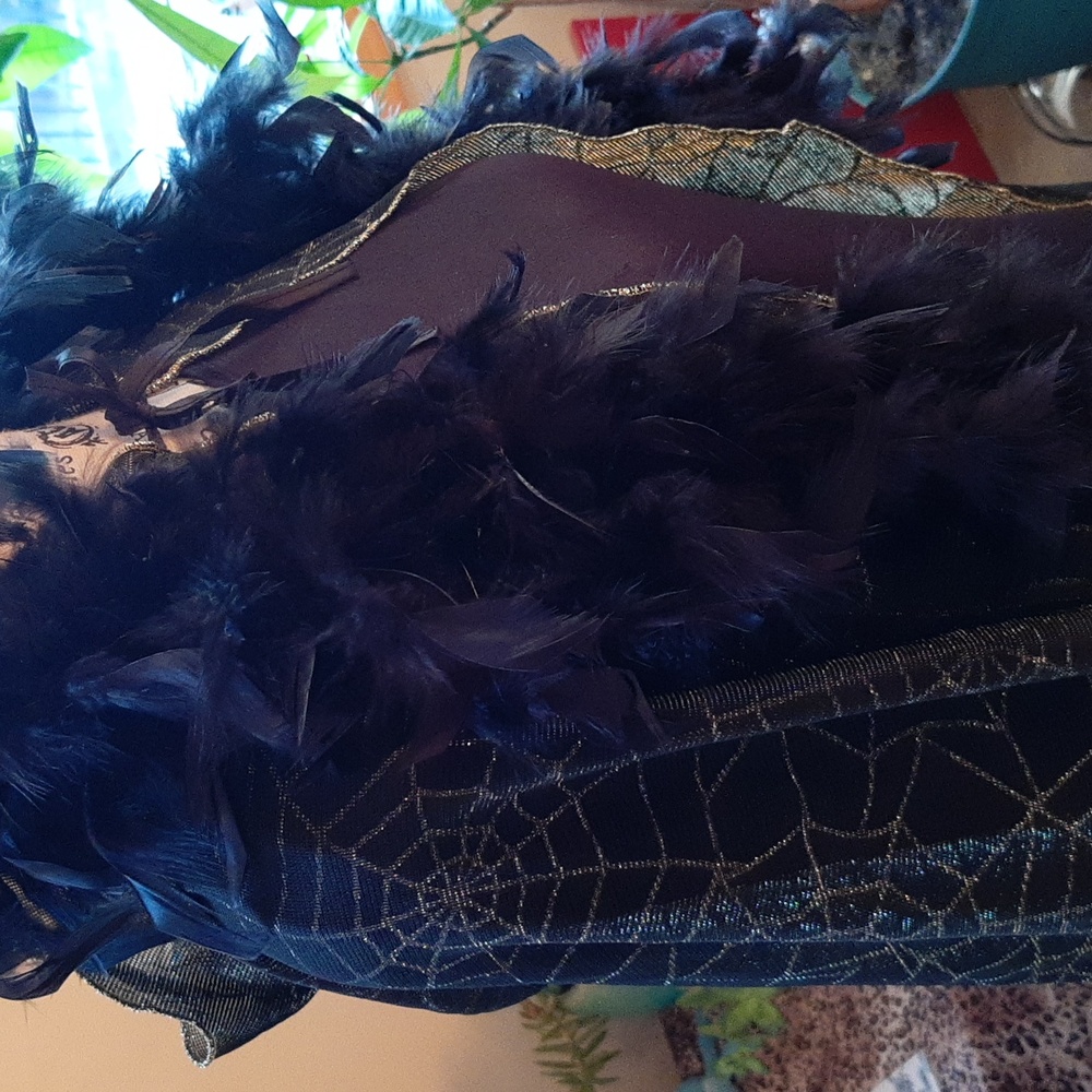 Halloween black dress includes sparkly spider web cape, hat, boa and gloves